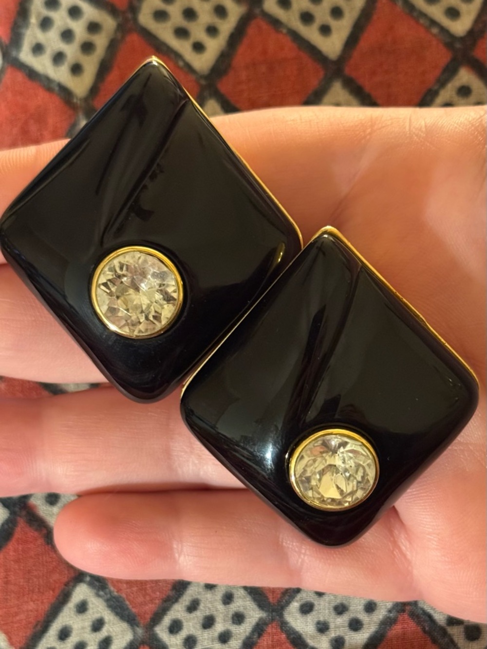 Black Diamond Lucite VTG Italian Earrings with Clear Crystal and Gold Trim - Picture 4 of 13